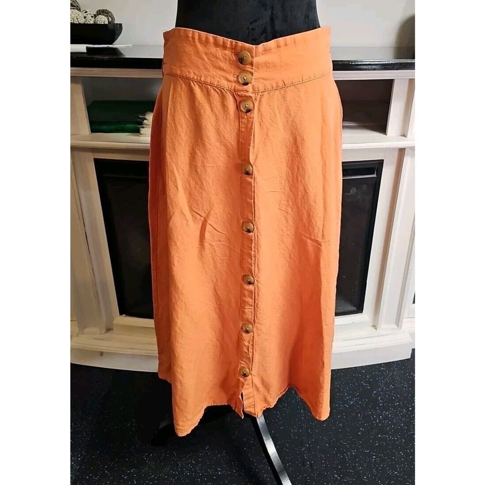 A New Day Skirt Womens Large Orange Midi Length Linen Blend Button Front